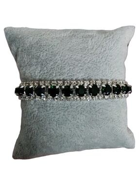 Green Rhinestone Tennis Bracelet Silver Tone Crystal Halo Statement Elegant